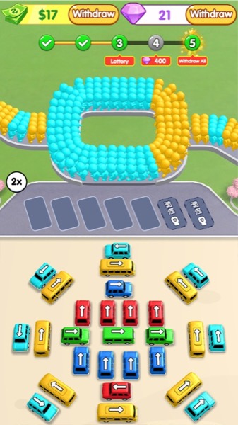 Bus Traffic Rush puzzle gameplay with colorful cars in a parking grid
