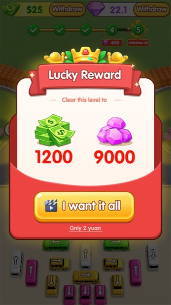 Lucky Reward screen with cash and gems